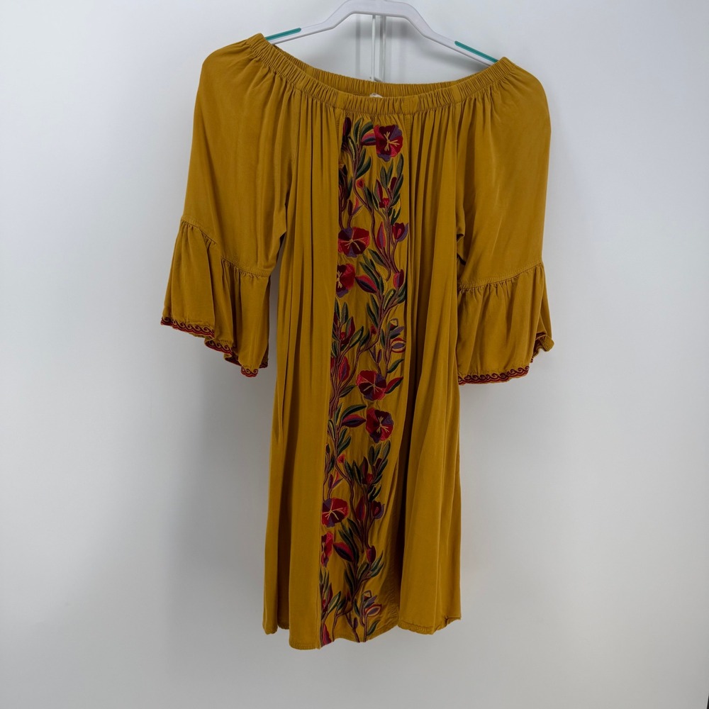 Solitaire Dress Womens Small Mustard Yellow‎ Floral Embroidered Boho cottagecore